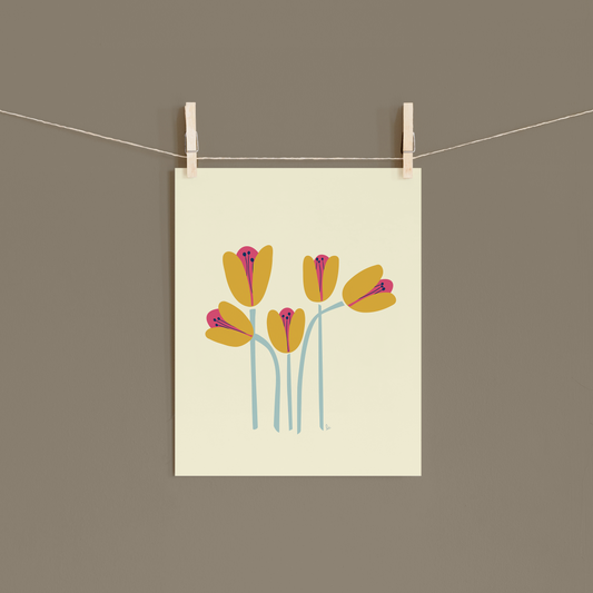 Retro Whimsical Art Print — Five Tulips
