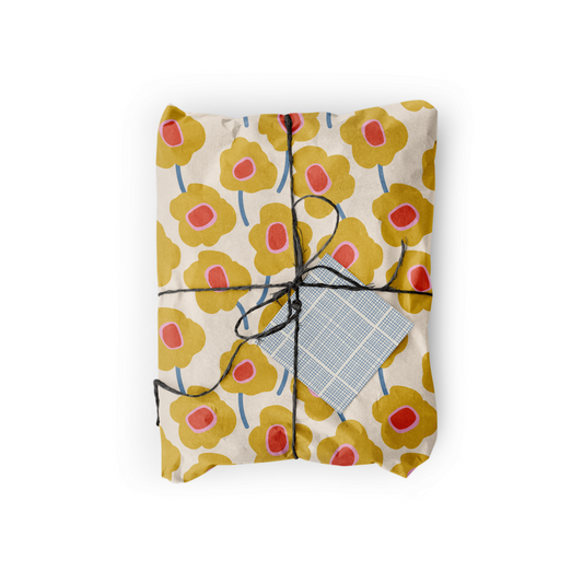 Double-Sided Gift Wrap – Mod Flower Yellow & Blue Hatch