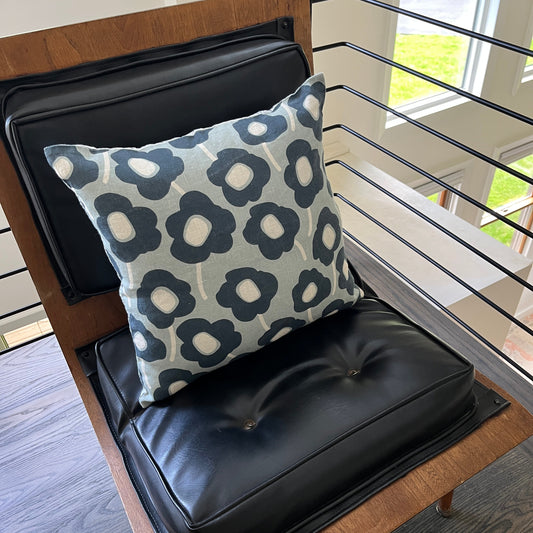 Mod Flower + Blue Hatch Double-Sided Linen Pillow – 18"x18", Hand-Drawn, Made in Lithuania