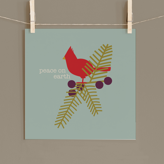 Hand-Drawn 8x8 Art Print with Cardinal and Botanical Design — Peace on Earth