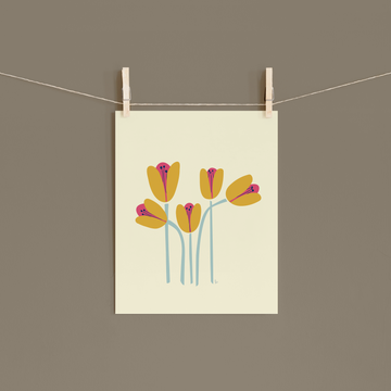 Retro Whimsical Art Print — Five Tulips