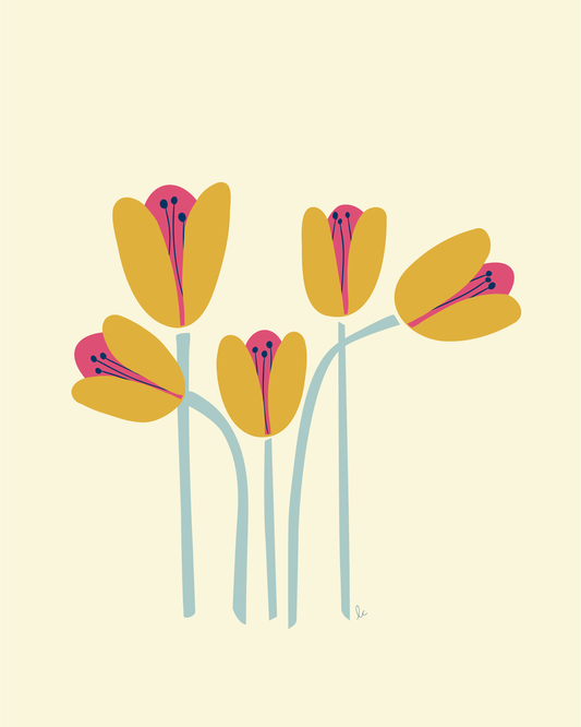 Retro Whimsical Art Print — Five Tulips