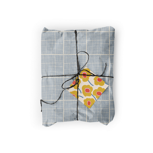 Double-Sided Gift Wrap – Mod Flower Yellow & Blue Hatch