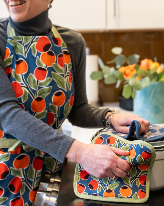 Kitchen Gift Set – Apron, Tea Towel & Hot Pad in Hand-Drawn Rose Hips or Branches + Dots Pattern