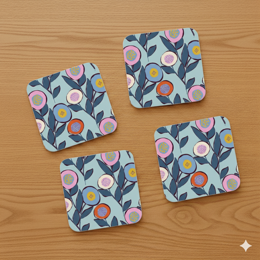 Blue Button Flower Coasters | Hand-Drawn, Eco-Friendly Set of 4