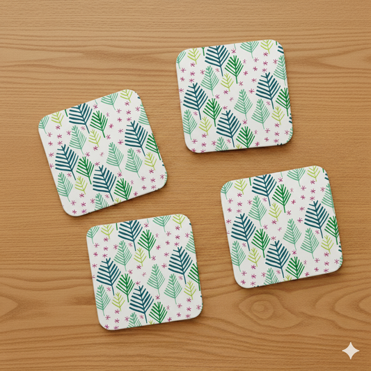 Evergreen Forest with Snowflakes Coasters | Eco-Friendly Winter Host Gift Set of 4