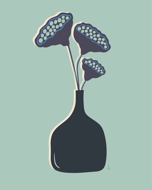 Retro Whimsical Art Print — Lotus Pods in Vase