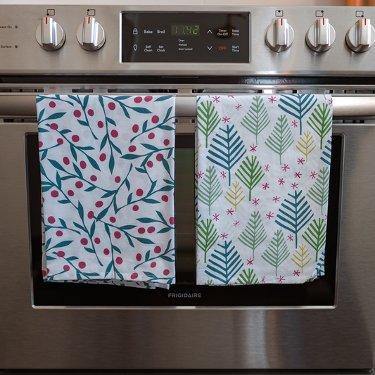 Holiday Flour Sack Tea Towels – Branch & Berry or Modern Evergreen | 27" Square Cotton Napkin, Dish Towel, or Furoshiki Wrap
